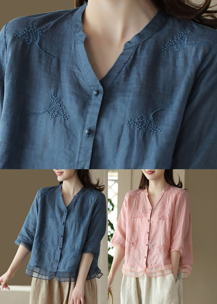 Casual Blue V Neck Embroidered Solid Ramie Shirt Half Sleeve