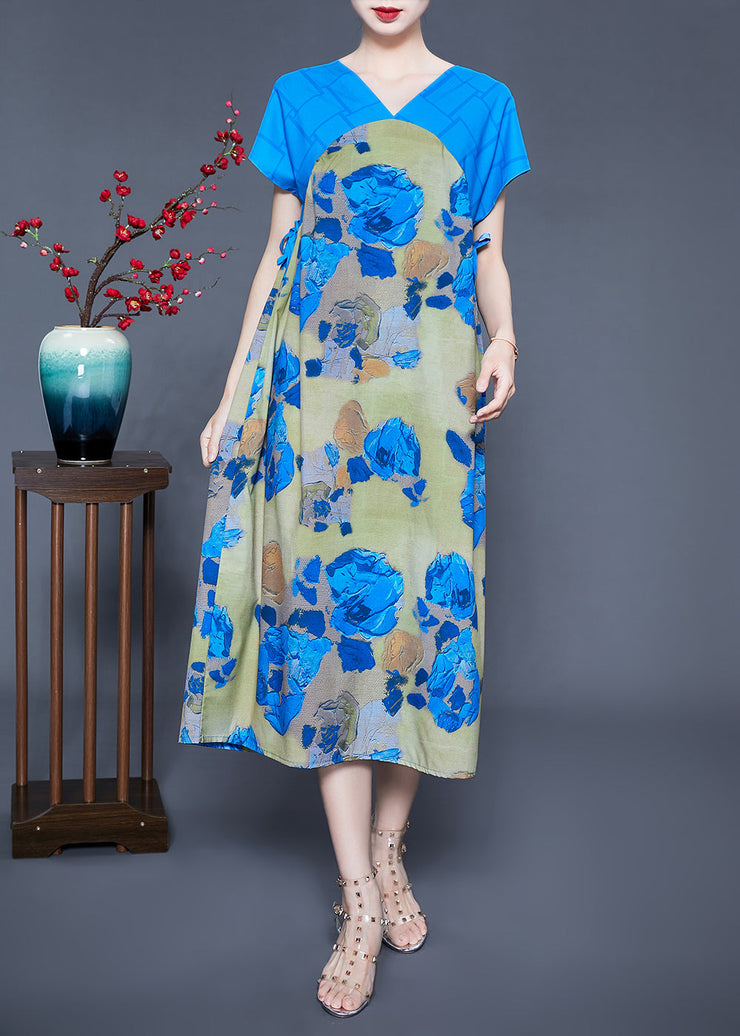 Casual Blue V Neck Patchwork Print Silk Holiday Dress Summer