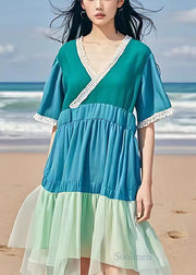 Casual Blue V Neck Patchwork Wrinkled Linen Dress Summer