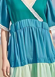 Casual Blue V Neck Patchwork Wrinkled Linen Dress Summer