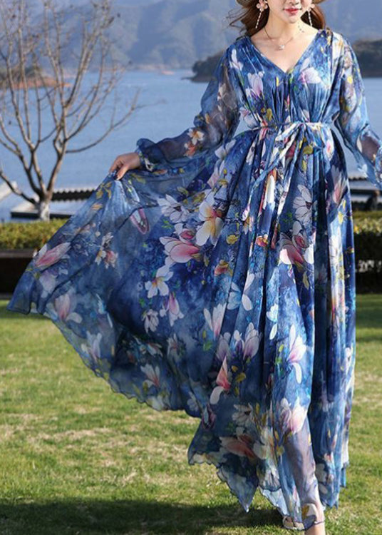 Casual Blue V Neck Print Tie Waist Chiffon Long Dress Long Sleeve