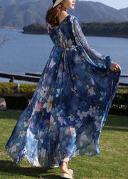 Casual Blue V Neck Print Tie Waist Chiffon Long Dress Long Sleeve