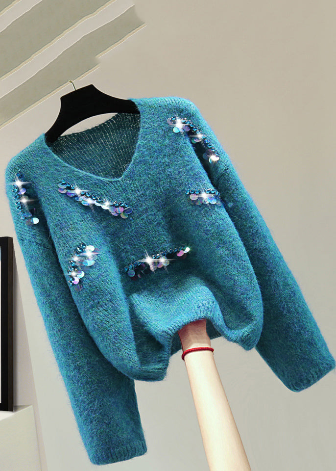 Casual Blue V Neck Sequins Thick Cotton Knit Sweater Winter