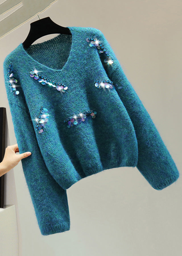 Casual Blue V Neck Sequins Thick Cotton Knit Sweater Winter