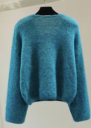 Casual Blue V Neck Sequins Thick Cotton Knit Sweater Winter