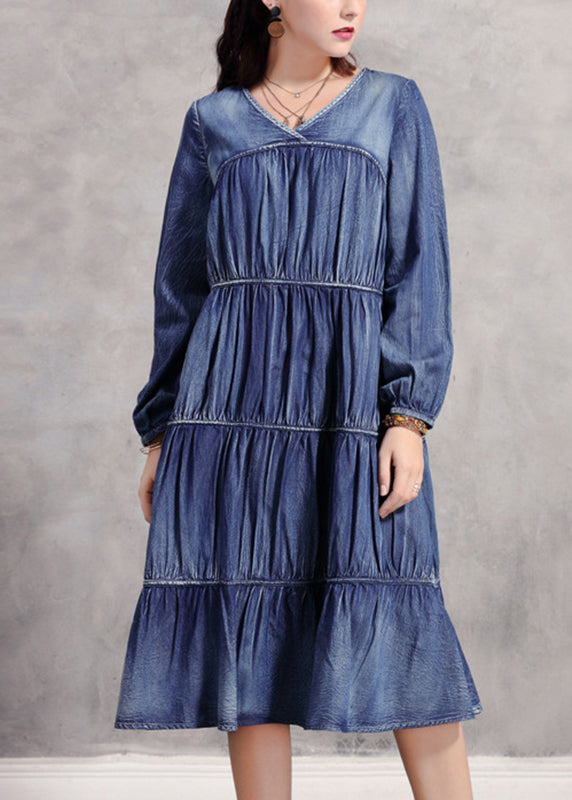 Casual Blue V Neck Wrinkled Patchwork Denim Long Dress Long Sleeve