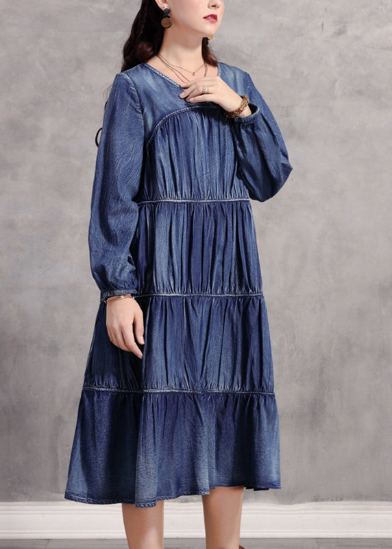 Casual Blue V Neck Wrinkled Patchwork Denim Long Dress Long Sleeve