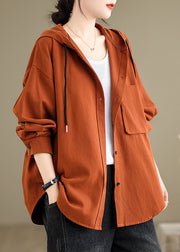 Casual Brick Red Hooded Pockets Plus Size Cotton Coat Fall