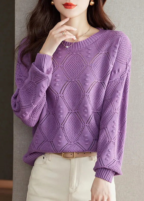 Casual Brick Red O Neck Hollow Out Knitted Tops Fall