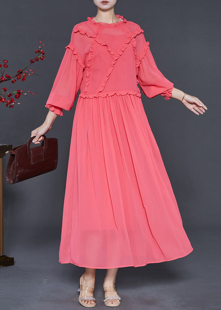 Casual Brick Red Ruffled Chiffon Ankle Dress Spring