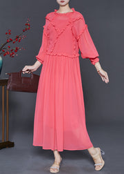 Casual Brick Red Ruffled Chiffon Ankle Dress Spring