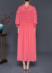 Casual Brick Red Ruffled Chiffon Ankle Dress Spring