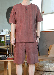 Casual Brick Red Striped Mens T Shirt And Shorts Two Pieces Set Summer