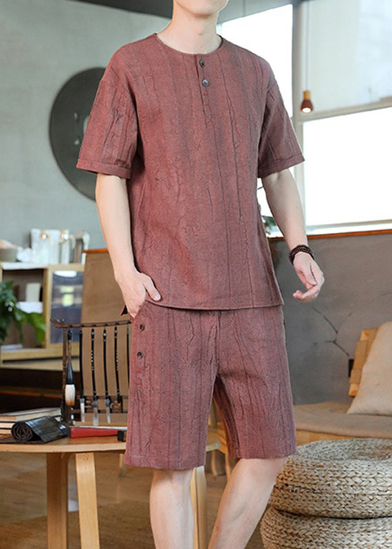 Casual Brick Red Striped Mens T Shirt And Shorts Two Pieces Set Summer