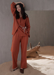 Casual Brick Red V Neck Tie Waist Cotton Pajamas Two Pieces Set Spring