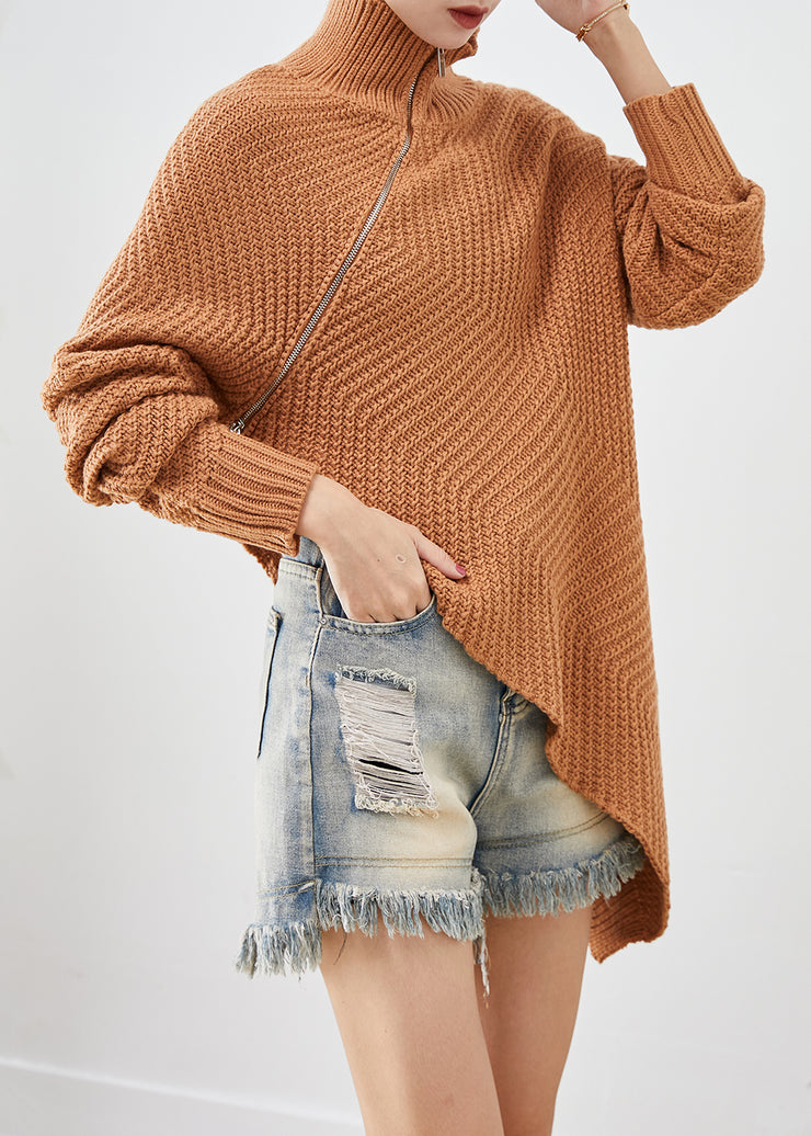 Casual Brown Asymmetrical Zippered Knit Pullover Winter