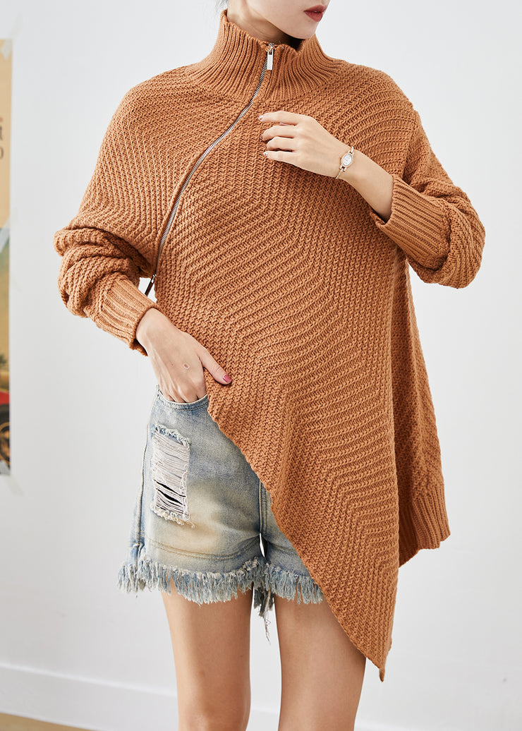 Casual Brown Asymmetrical Zippered Knit Pullover Winter