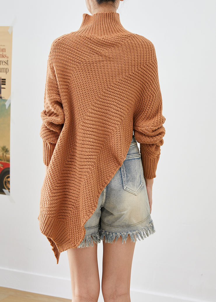 Casual Brown Asymmetrical Zippered Knit Pullover Winter