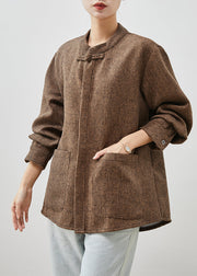 Casual Brown Chinese Button Pockets Cotton Coats Spring