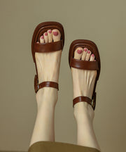 Casual Brown Cowhide Leather Splicing Sandals Peep Toe Buckle Strap