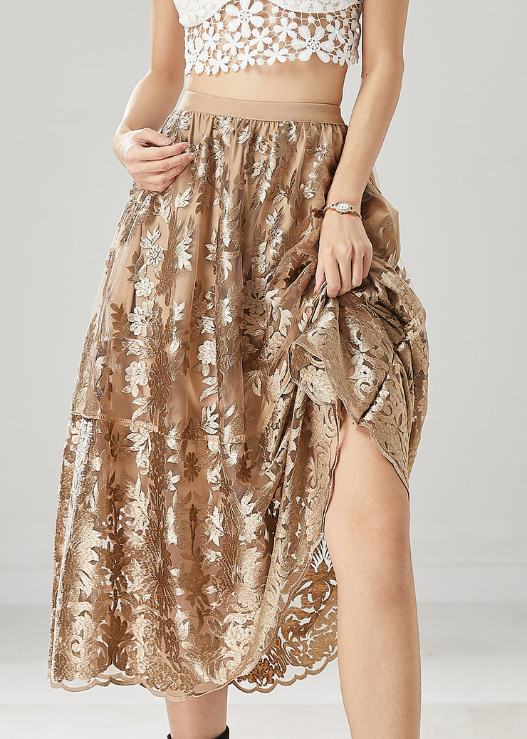 Casual Brown Embroidered Tulle A Line Skirts Spring