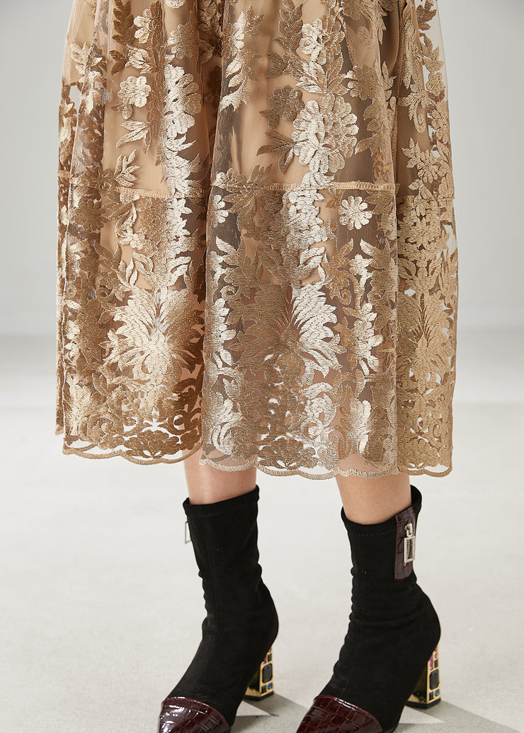 Casual Brown Embroidered Tulle A Line Skirts Spring