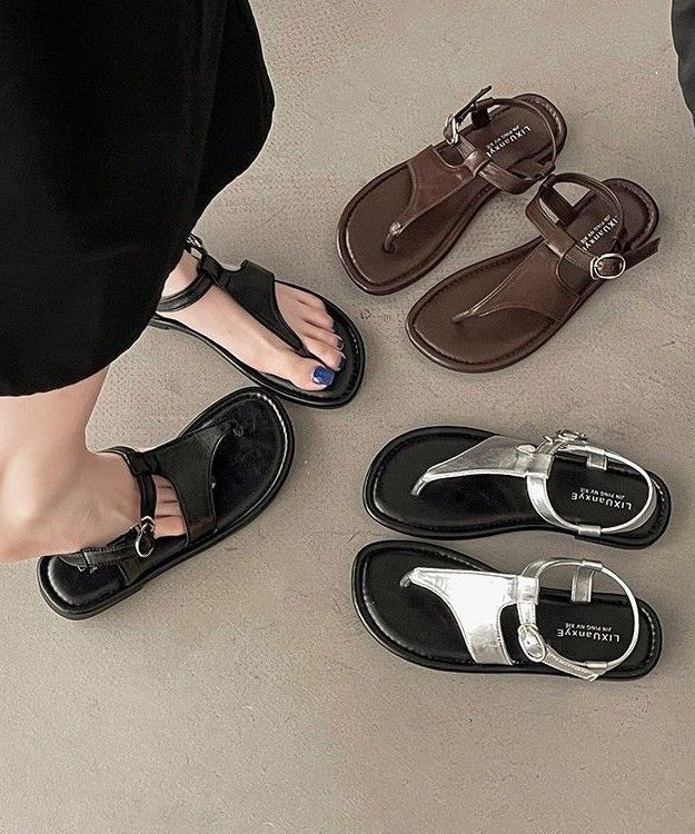 Casual Brown Hollow Out Flip Flops Faux Leather Soft Splicing