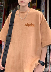 Casual Brown O Neck Letter Solid Faux Suede Men T Shirt Summer