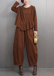 Casual Brown O-Neck Print T Shirts And Lantern Pants Two Pieces Set Spring