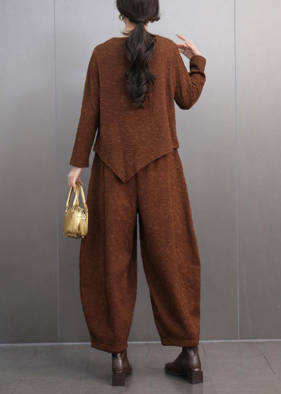 Casual Brown O-Neck Print T Shirts And Lantern Pants Two Pieces Set Spring