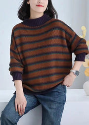 Casual Brown Oversized Striped Knitted Tops Spring