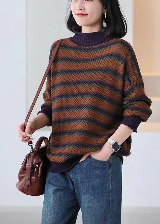 Casual Brown Oversized Striped Knitted Tops Spring