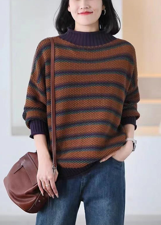 Casual Brown Oversized Striped Knitted Tops Spring