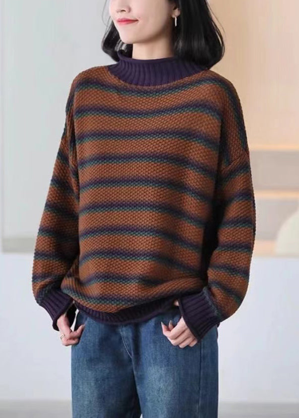 Casual Brown Oversized Striped Knitted Tops Spring