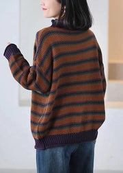 Casual Brown Oversized Striped Knitted Tops Spring