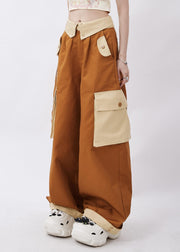 Casual Brown Patchwork Pockets Cotton Pants Trousers Spring