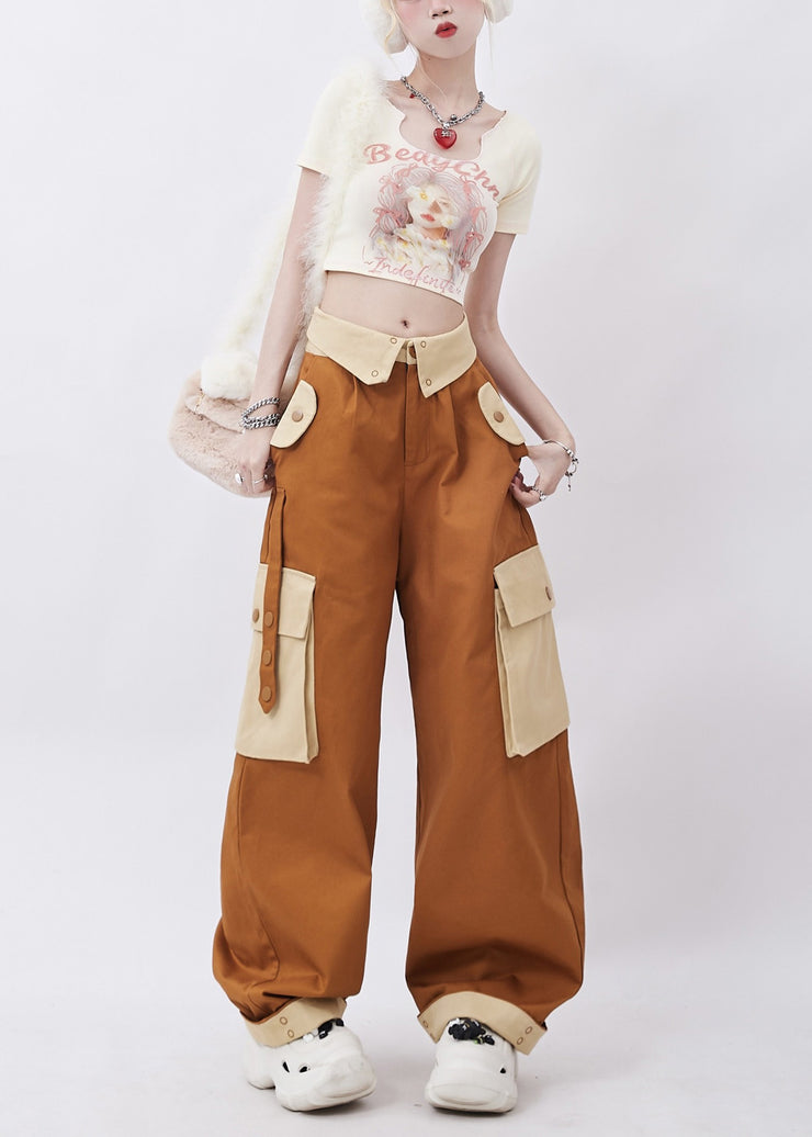 Casual Brown Patchwork Pockets Cotton Pants Trousers Spring