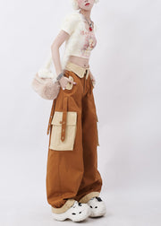 Casual Brown Patchwork Pockets Cotton Pants Trousers Spring