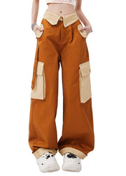 Casual Brown Patchwork Pockets Cotton Pants Trousers Spring