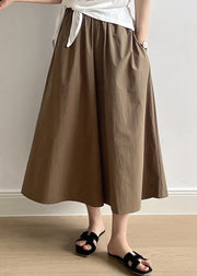 Casual Brown Pockets Elastic Waist Cotton Crop Wide Leg Pants Summer