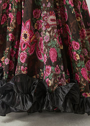 Casual Brown Ruffled Print Exra Large Hem Chiffon Skirts Spring