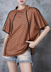 Casual Brown Stand Collar Print Cotton Tanks Summer