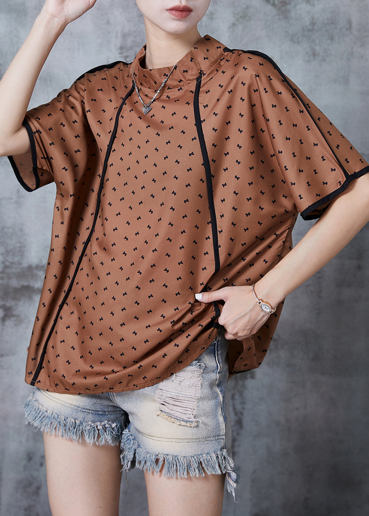 Casual Brown Stand Collar Print Cotton Tanks Summer