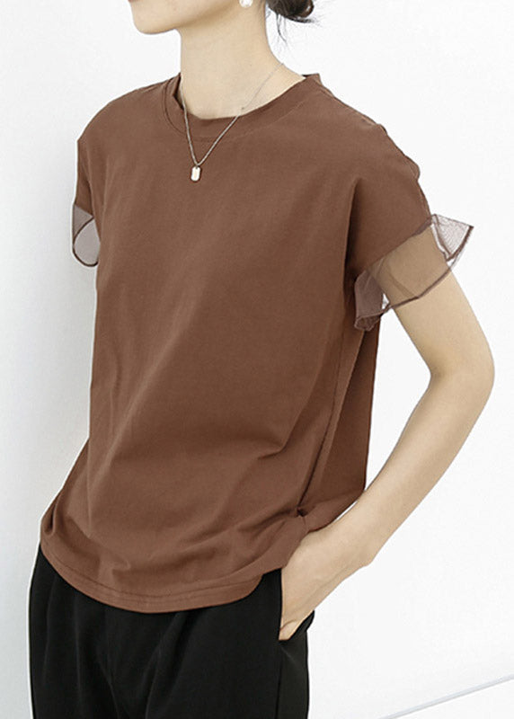 Casual Brown Tulle Patchwork Cotton T Shirt Summe