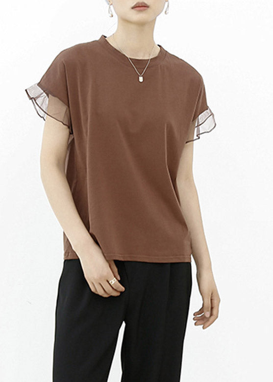 Casual Brown Tulle Patchwork Cotton T Shirt Summe