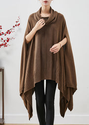 Casual Brown Turtle Neck Asymmetrical Exra Large Hem Knit Sweater Dress Cloak Sleeves