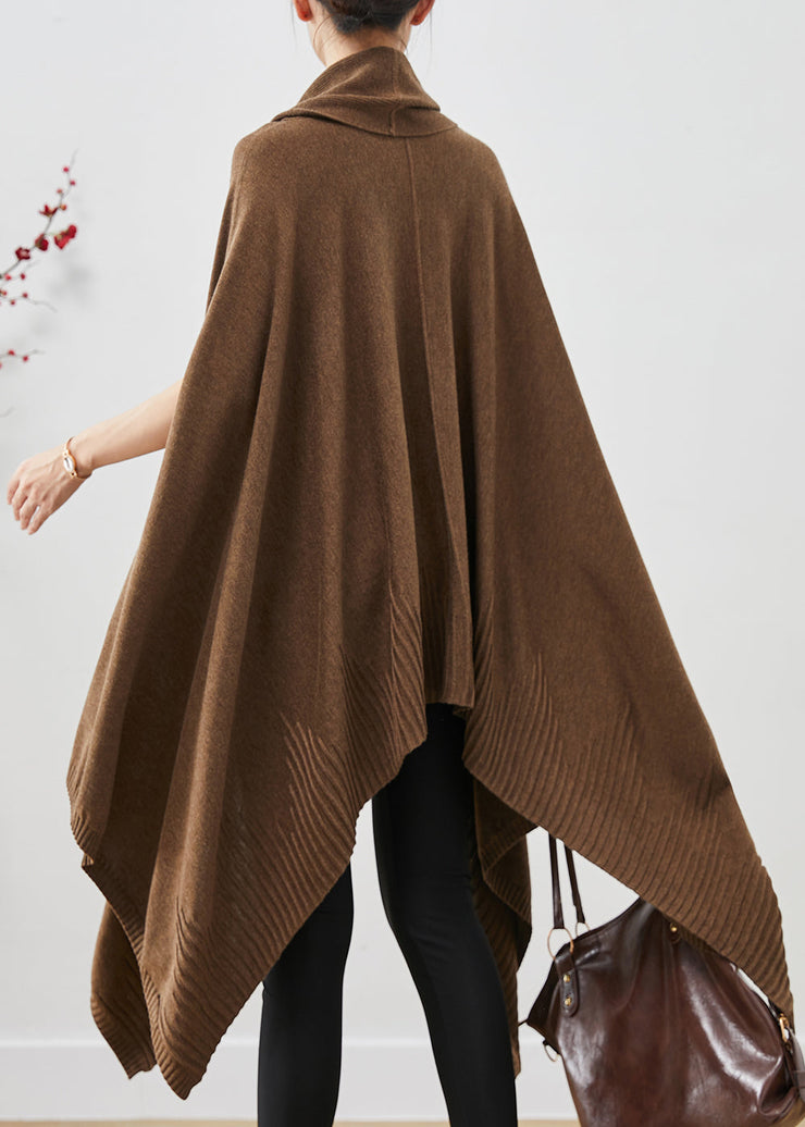 Casual Brown Turtle Neck Asymmetrical Exra Large Hem Knit Sweater Dress Cloak Sleeves