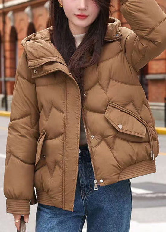 Casual Brown Zip Up Fine Cotton Filled Hooded Coat Winter