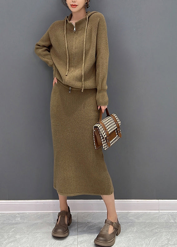 Casual Brown Zippered Hooded Knit Sweaters And Maxi Skirts Two Piece Set Winter