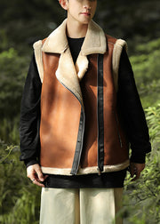 Casual Brown Zippered Warm Fleece Faux Suede Men Vests Spring